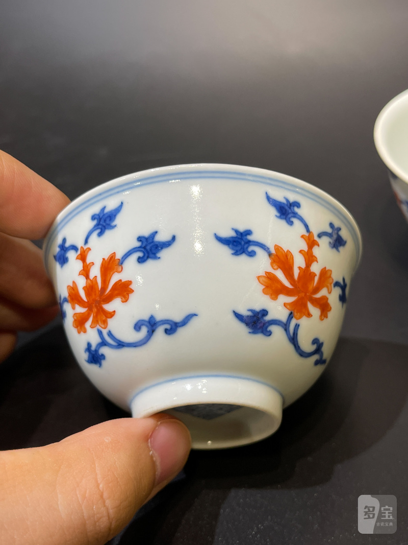 清道光 青花矾红宝相花纹茶圆一对 - 图5